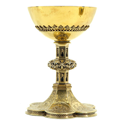 Chalice style Gothic - Style en Full - Silver With Paten & Spoon, Belgium  19 th century ( Anno 1885 )