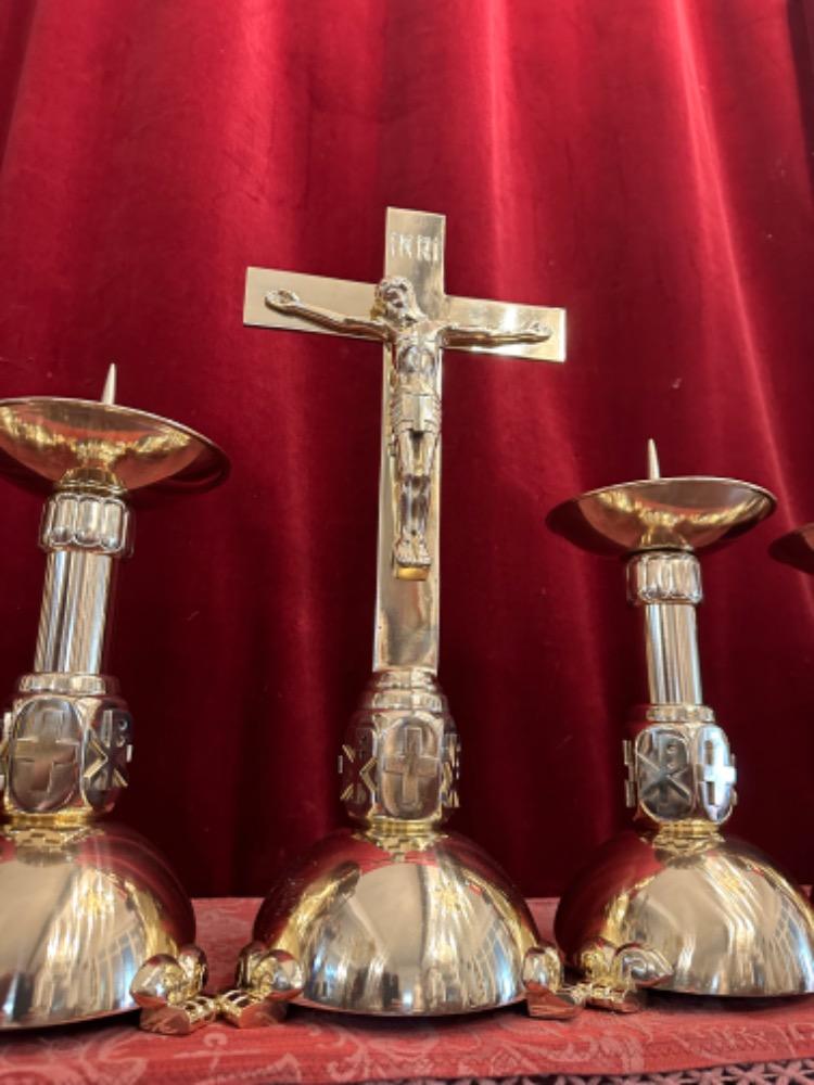 7 art - deco Altar - Set  Candle Sticks With Matching Cross. Measures Candle Sticks Without Pin