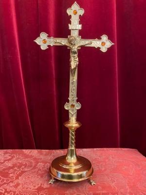 Altar - Cross en Brass / Bronze / Glass /  Polished and Varnished, Belgium 19 th century