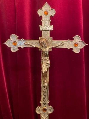 Altar - Cross en Brass / Bronze / Glass /  Polished and Varnished, Belgium 19 th century