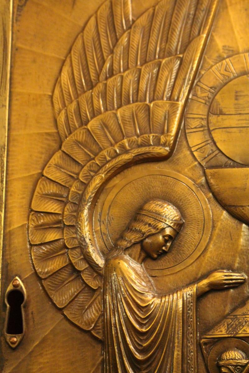 1 Art Nouveau Tabernacle-Door , Jugendstil – Art Nouveau , Brass , Hand-Hammered