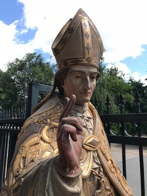 Bishop Statue  style Baroque en hand-carved wood polychrome, Belgium 18th century ( anno 1790 )