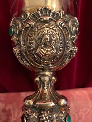 Chalice Weight 860 Gr. style Baroque en  full silver / Stones / FULL SILVER IMAGES ON NODUS: ST. NORBERTUS / ST. ELIGIUS / B. FREDERICUS OF HALLUM , 19th century