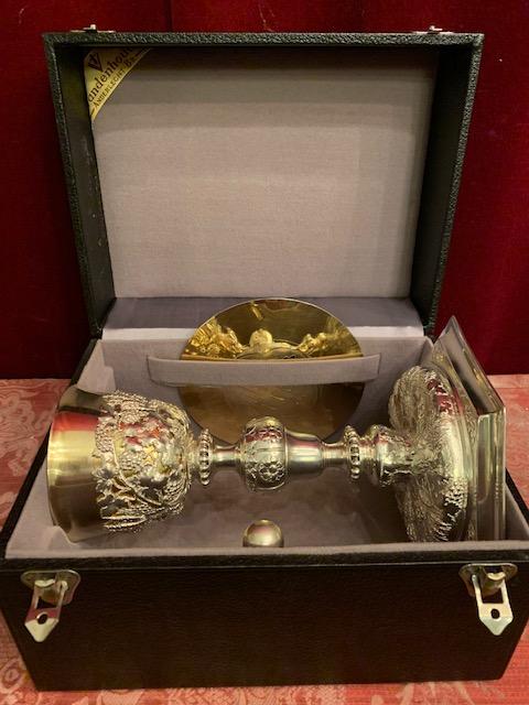 1 Baroque Chalice With Original Case Paten And Spoon All Silver.