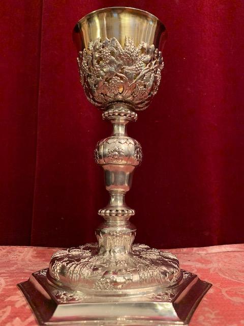 1 Baroque Chalice With Original Case Paten And Spoon All Silver.