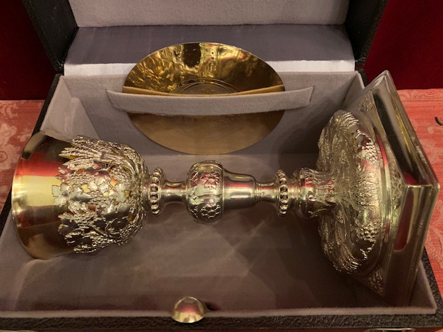 1 Baroque Chalice With Original Case Paten And Spoon All Silver.