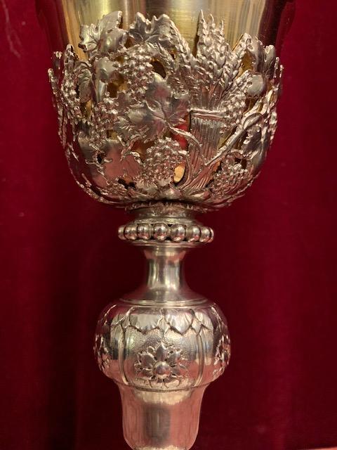 1 Baroque Chalice With Original Case Paten And Spoon All Silver.