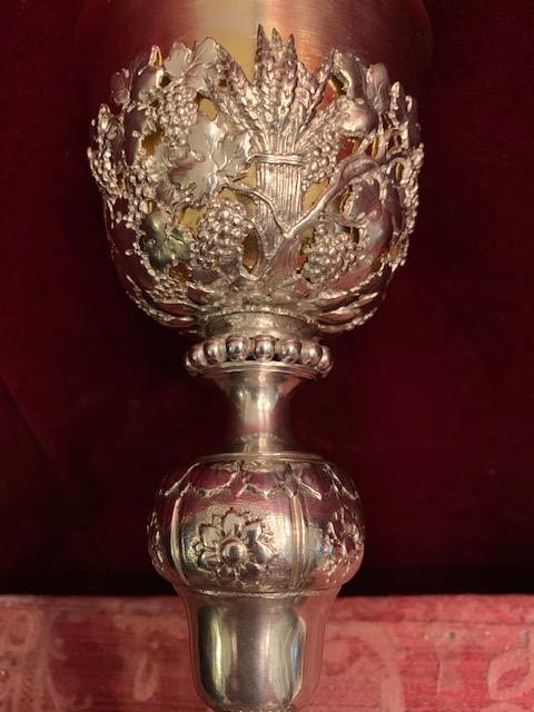 1 Baroque Chalice With Original Case Paten And Spoon All Silver.
