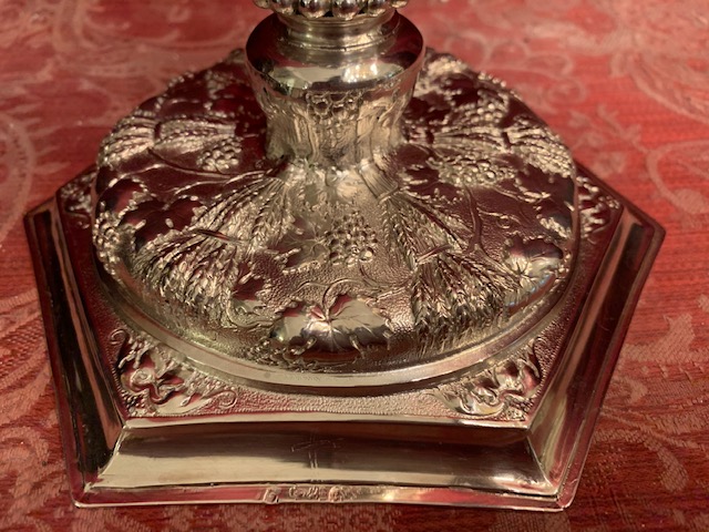 1 Baroque Chalice With Original Case Paten And Spoon All Silver.