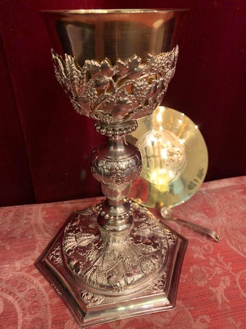 1 Baroque Chalice With Original Case Paten And Spoon All Silver.