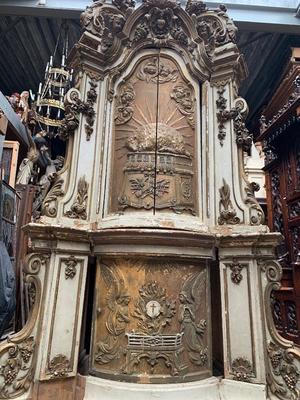 Cillinder Tabernacle Restoring Needed style Baroque en Fully Hand Carved Elements Wood Polychrome, Belgium 18 th century ( Anno 1740 )