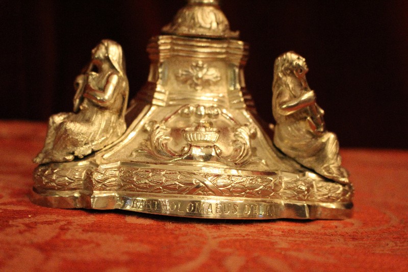 1 Baroque Exceptional Chalice With Paten And Original Case. Weight: 954 Gram.3  Silver Images As Nodus And Full Silver Imaginations Of Faith, Hope And Love On The Base.