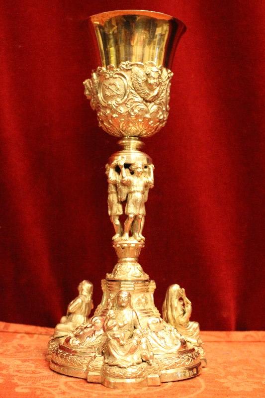 1 Baroque Exceptional Chalice With Paten And Original Case. Weight: 954 Gram.3  Silver Images As Nodus And Full Silver Imaginations Of Faith, Hope And Love On The Base.