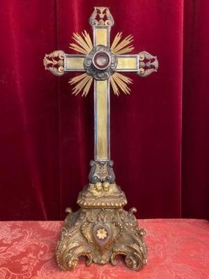 Exceptional Cross - Reliquary With Relic Of The True Cross.  style Baroque en Fully Hand - Carved Wood Polychrome Theca & Ornaments Full Silver 3 Silver Marks. Stones.  Originaly Sealed, Aalbeke Belgium 18th century  ( 1775 )