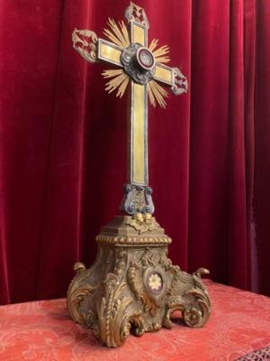 Exceptional Cross - Reliquary With Relic Of The True Cross.  style Baroque en Fully Hand - Carved Wood Polychrome Theca & Ornaments Full Silver 3 Silver Marks. Stones  Originaly Sealed, Aalbeke Belgium 18th century  ( 1775 )