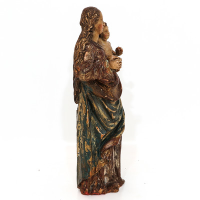 Madonna & Child  style Baroque en hand-carved wood polychrome, France 17 th century