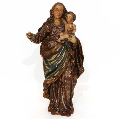 Madonna & Child  style Baroque en hand-carved wood polychrome, France 17 th century