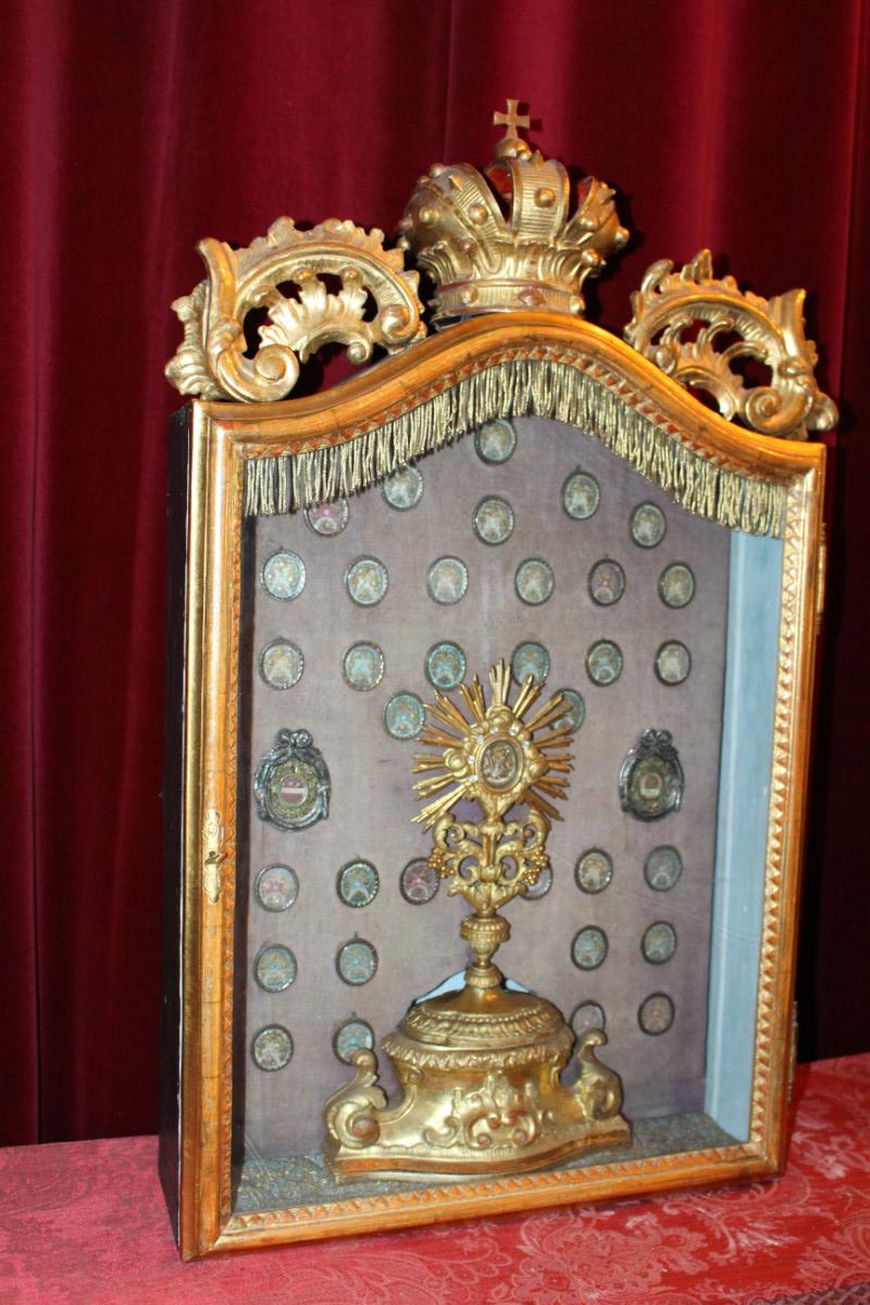 1 Baroque Museum - Worthy Ostensorium / Shrine / Reliquary Relic Of The True Cross. 36 Full Silver Theca S: 12 Apostles - 4 Fathers Of The Church.