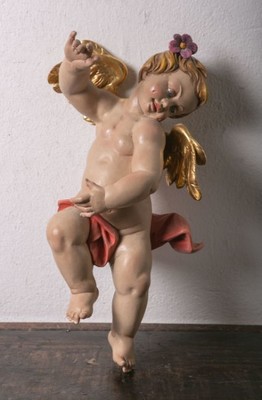 Putto style Baroque en hand-carved wood polychrome, Southern Germany 20th Century