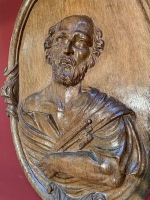 Relief Sculpture St. Peter style Baroque en hand-carved wood Oak, Belgium 19th century