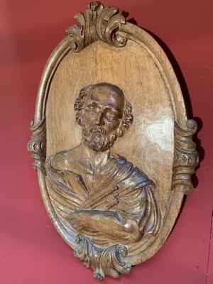 Relief Sculpture St. Peter style Baroque en hand-carved wood Oak, Belgium 19th century