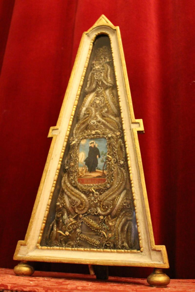1 Baroque Reliquary Engraving Of St. Ignatius. Relics Of : St. Candida. St. Pancratio. St. Modestini, St. Boni.