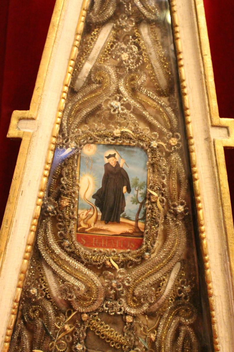 1 Baroque Reliquary Engraving Of St. Ignatius. Relics Of : St. Candida. St. Pancratio. St. Modestini, St. Boni.