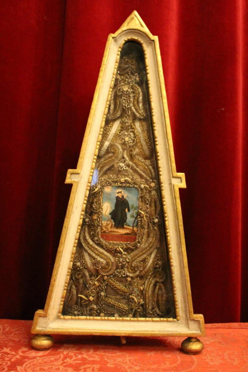 1 Baroque Reliquary Engraving Of St. Ignatius. Relics Of : St. Candida. St. Pancratio. St. Modestini, St. Boni.