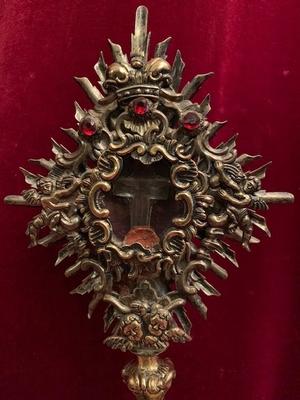 Reliquary – Relic Of The True Cross / S. Crucis In Rock-Crystal Theca Certificate Most Probably Inside style Baroque en Brass, Italy 19th century