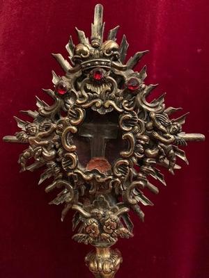 Reliquary – Relic Of The True Cross / S. Crucis In Rock-Crystal Theca Certificate Most Probably Inside style Baroque en Brass, Italy 19th century
