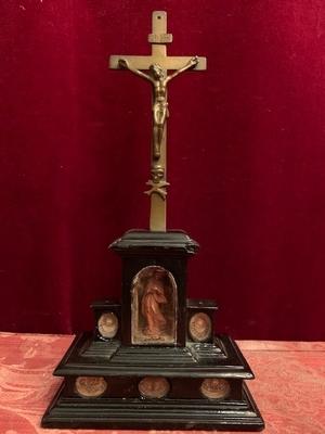 Small Reliquary - Home - Altar Relic Of The True Cross. Relics : St. Benedicti. St. Bernardi. St. Eligii. St. Giuelmi. Tiny Wooden St. Mary Image. style Baroque en Wood / Bronze / Glass, Italy 18 th Century