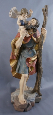 St. Christoph Statue  style Baroque en hand-carved wood polychrome, Southern Germany 20th century