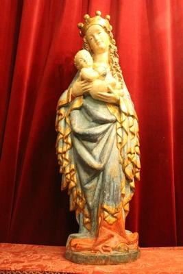 St. Mary Statue With Child style Baroque en hand-carved wood polychrome, Southern Germany 20th century