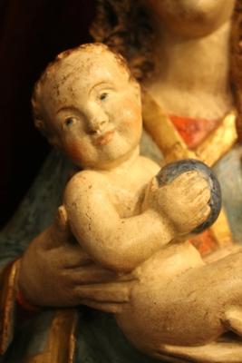 St. Mary Statue With Child style Baroque en hand-carved wood polychrome, Southern Germany 20th century