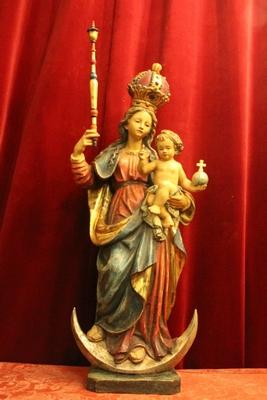 St Mary With Child Removable Scepter / Cross Height Statue Without Scepter 80 Cm. style Baroque en hand-carved wood polychrome, Southern Germany 20th century