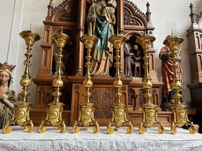 Altar -Set 6 Matching Large Candle Sticks Height Without Pin: 100 Cm ! style Baroque - Style en Brass / Bronze / High Quality Fire - Gilt, Belgium  18 th century ( Anno 1780 )