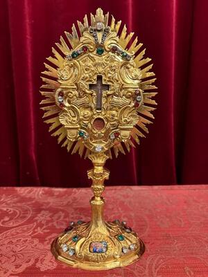 Exceptional Reliquary - Relic Of The True Cross style Baroque - Style en Brass - Gilt / Enamel / Stones / Rock - Cristal / Originally Sealed, Southern Germany 19 th century ( Anno 1845 )