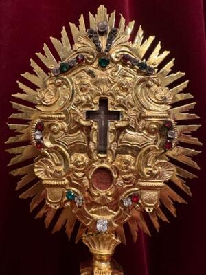Exceptional Reliquary - Relic Of The True Cross style Baroque - Style en Brass - Gilt / Enamel / Stones / Rock - Cristal / Originally Sealed, Southern Germany 19 th century ( Anno 1845 )