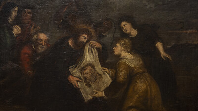 Painting Oil On Canvas , The 6th Station:  “Veronica Wipes The Face Of Jesus” style Baroque - Style en Oil on Canvas, Flemish - Belgium 17 th century ( 1650 )