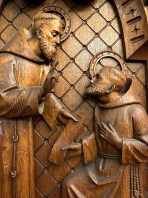 Relief St. Francis Meets St. Conrad. style Baroque - Style en Hand - Carved Wood Oak, Breda Netherlands 19 th century ( Anno 1845 )