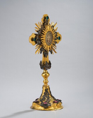 Reliquary - Relic True Cross. style Baroque - Style en Brass / Glass / Originally Sealed, Austria 19 th century