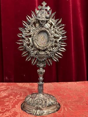 Reliquary - Relic True Cross & More style Baroque - Style en Brass - Silver Plated / Glass / Originally Sealed, Austria 18 th century