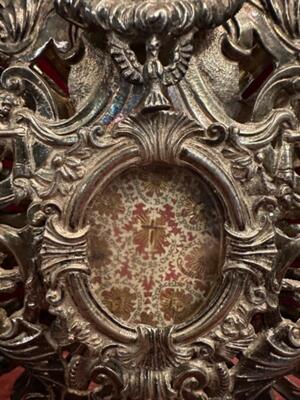 Reliquary - Relic True Cross & More style Baroque - Style en Brass - Silver Plated / Glass / Originally Sealed, Austria 18 th century