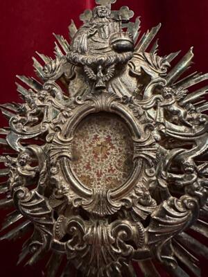 Reliquary - Relic True Cross & More style Baroque - Style en Brass - Silver Plated / Glass / Originally Sealed, Austria 18 th century