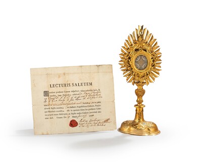 Reliquary - Relic True Cross With Original Document  style Baroque - Style en Brass / Glass / Originally Sealed, Austria 19 th century