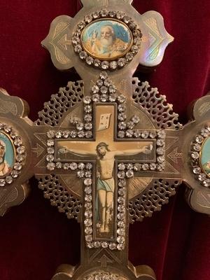 Benediction - Cross / Russian Icon Cross  en Bronze Imaginations Printed / Glass, Russia 19th century