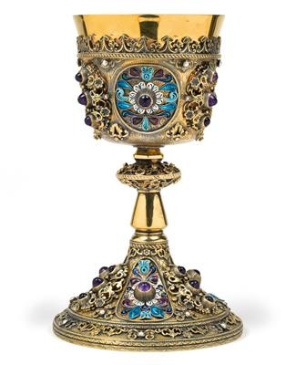 Chalice en silver GILT , ENAMELLED , FLORAL DECORATION , AMETHYST CABOCHONS , PEARLS, France 19th century