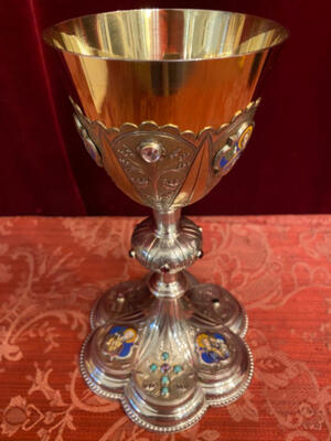 Chalice en Full - Silver / 3 Silver Marks / Polished Varnished / Enamel / Stones, France 19 th century ( Anno 1865 )