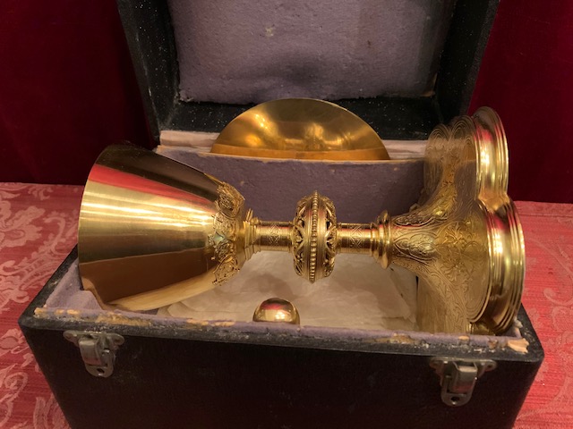 1  Chalice Brass Gilt Silver Cuppa With Original Case Spoon And Paten