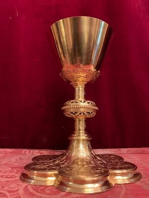 Chalice Brass Gilt Silver Cuppa With Original Case Spoon And Paten en Brass / Gilt / Silver , Belgium 20th century (Anno 1930)